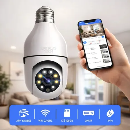 Câmera Segurança Lâmpada Wifi 360° Full Hd 1080p Visão Noturna Infravermelho Áudio Bidirecional Soquete E27 App Yoosee 2.4ghz Rotação 360x90° Monitoramento Residencial Empresa Branco