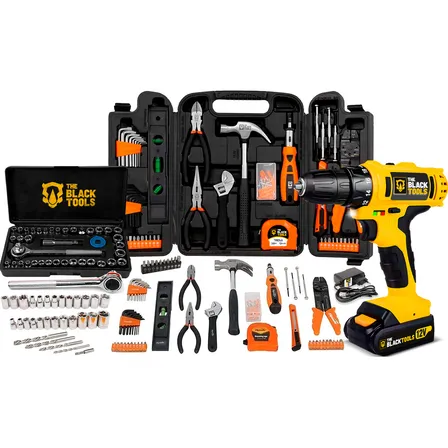 Jogo De Ferramentas 169 Peças Com Maleta E Furadeira Parafusadeira Sem Fio A Bateria Tb-12e 12v 3/8 10mm The Black Tools