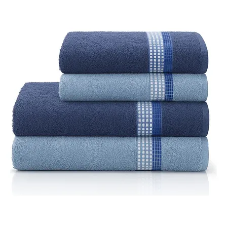 Jogo De Banho E Rosto 4 Pçs Algodão Venus Select Camesa Lisa Marinho Com Azul Claro