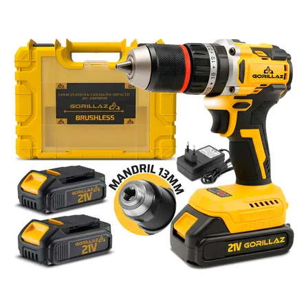 Furadeira Parafusadeira Impacto Brushless 21v 2 Baterias Gorillaz Amarelo 127/220v 50/60 Hz