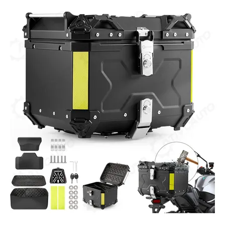 Ativoauto Bau De Moto 45l Bau Aluminio Com Encosto Acomodar 1 Capacetes Preto Impermeável Com Encosto Tampa Superior Base Universal Todas Caja Para Moto Top Case Bau Moto