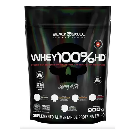 Whey 100% Hd Refil Black Skull 900g Wpc Wpi E Wph Sabor Baunilha