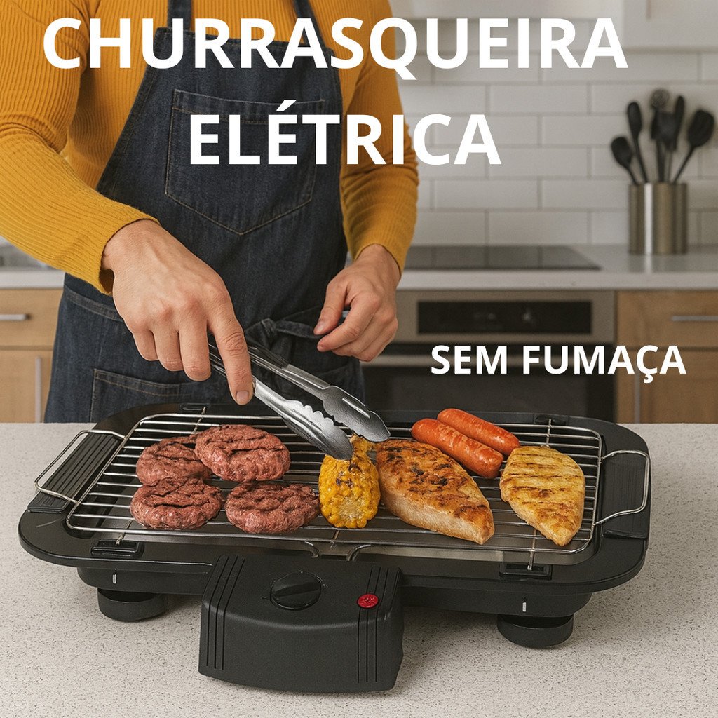 Churrasqueira Elétrica 1500W Grelha Removível Temperatura Ajustável Sem Fumaça Carnes Legumes Casa