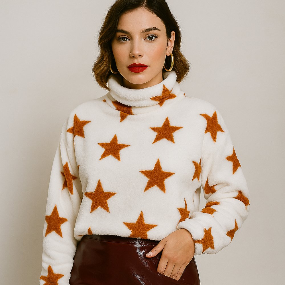 Casaco Teddy Estrelado - Casaco Feminino Em Tecido Peluciado Com Estampa de Estrelas - Moda Inverno 2025