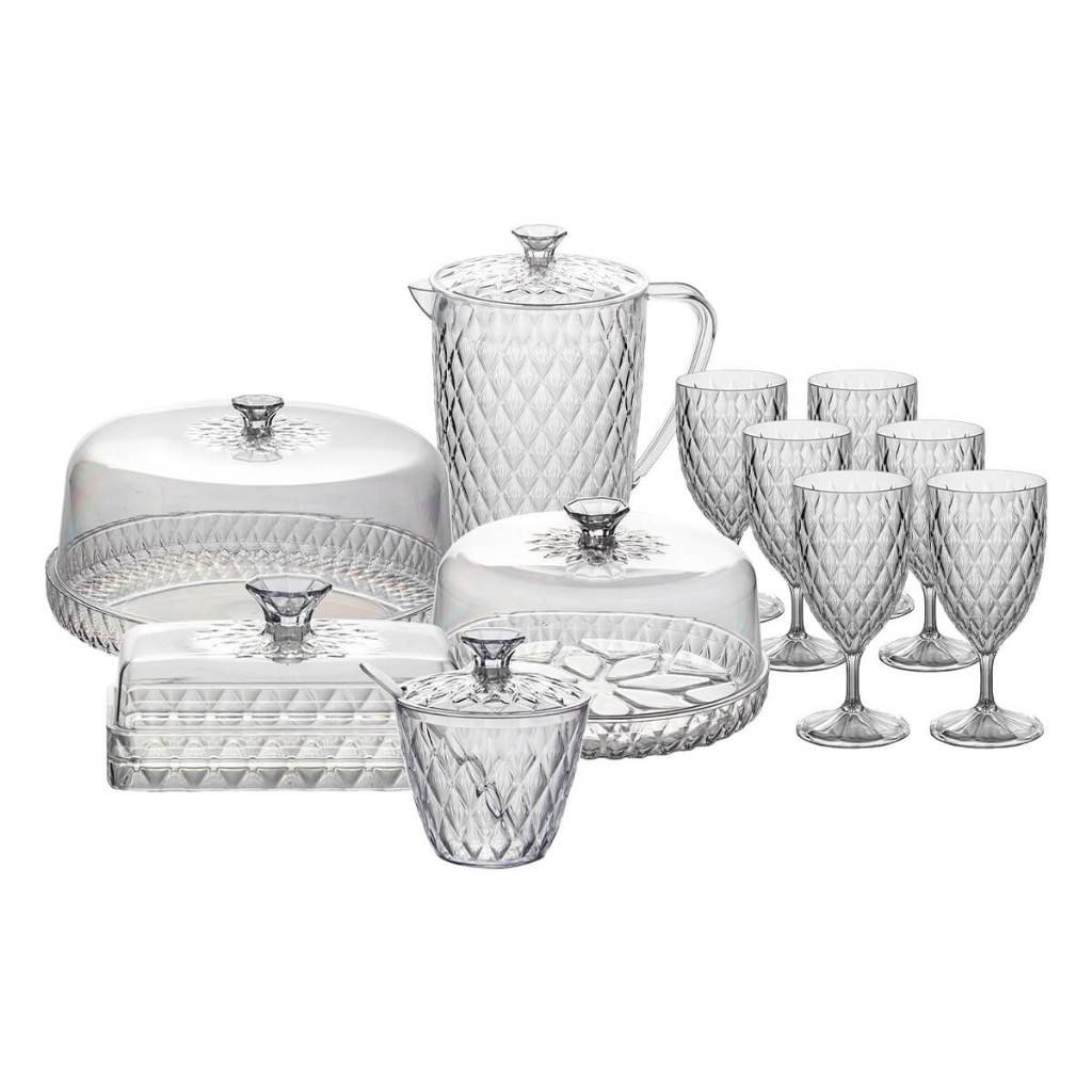 Kit Mesa Posta Glamour com 11 Itens Café da Manhã Jarra Queijeira Manteigueira Açucareiro Boleira