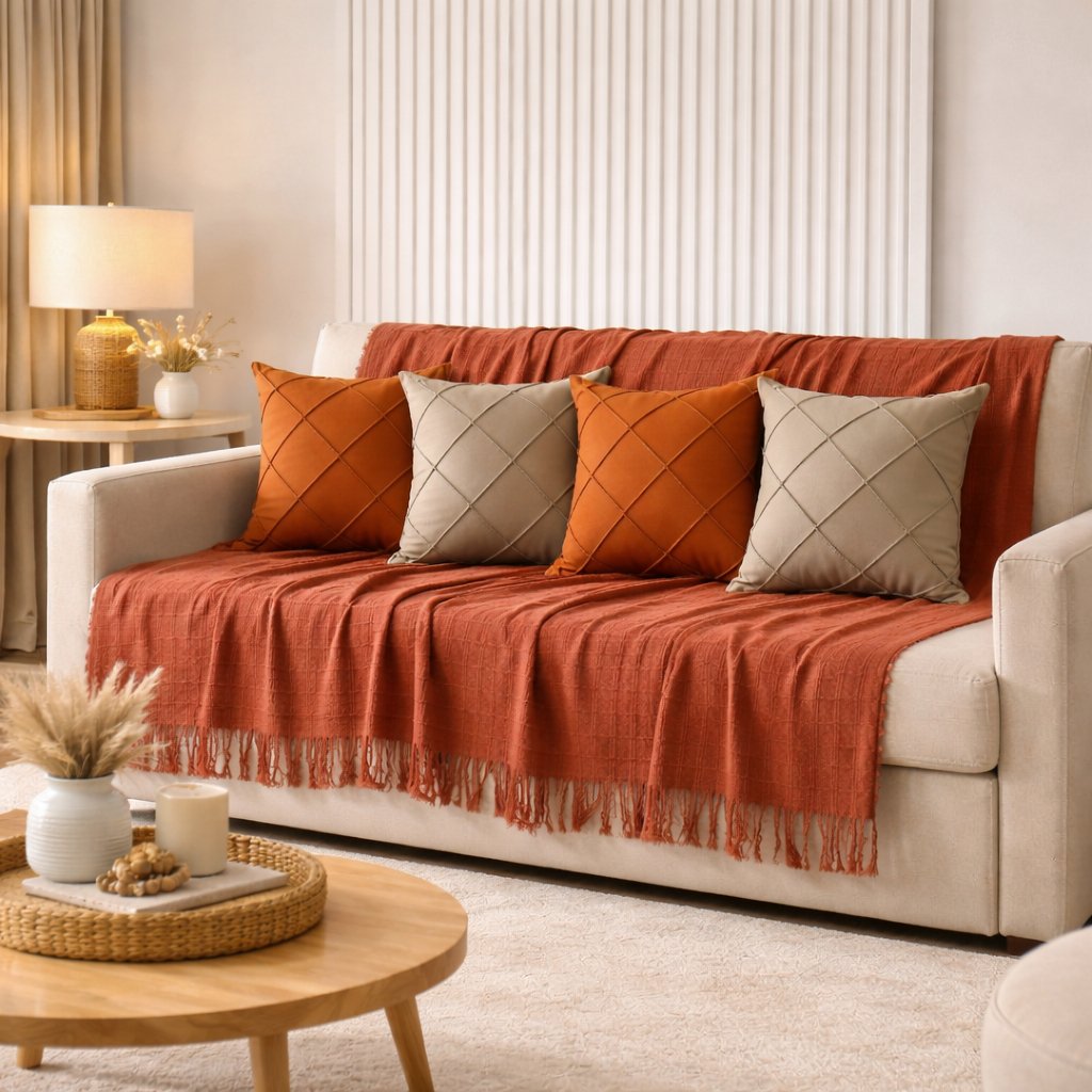 Kit Manta + Capas de Almofada Sued Drapeada Decoração Sala Sofá Manta P 1,40 x 1,70m