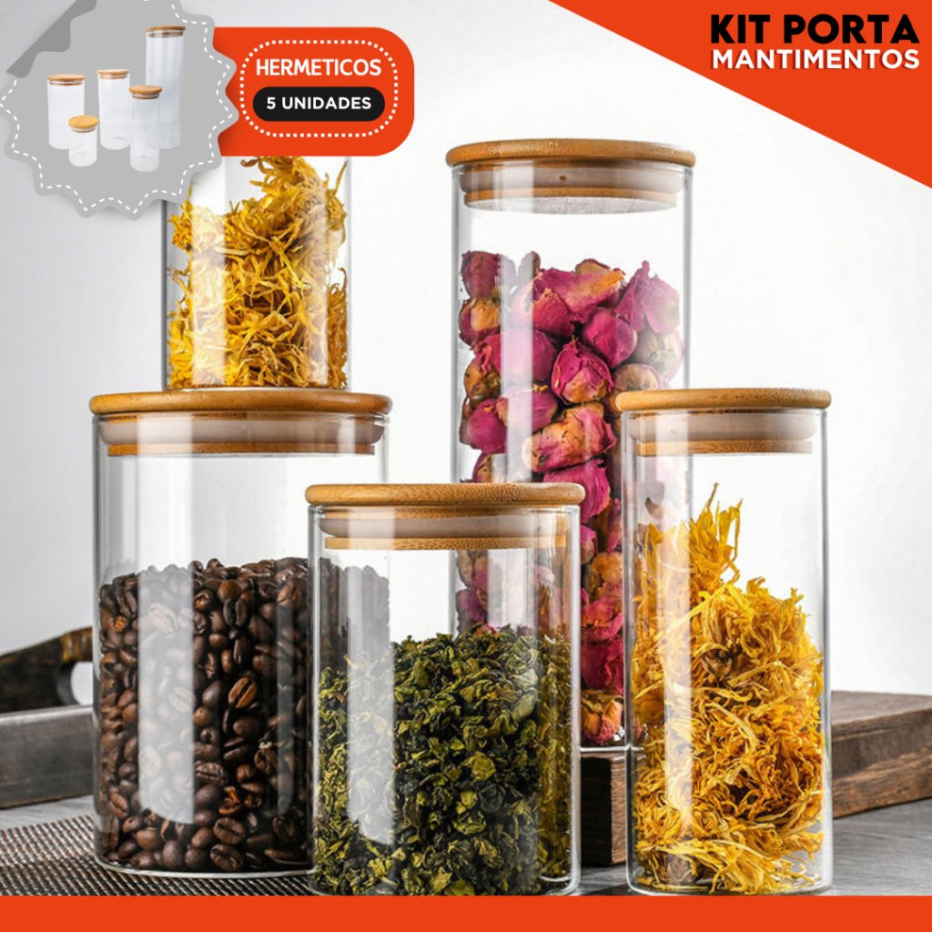 Potes De Vidro Herméticos - Kit Com 5 - Para Mantimentos Com Tampa De Bambu - Nybc