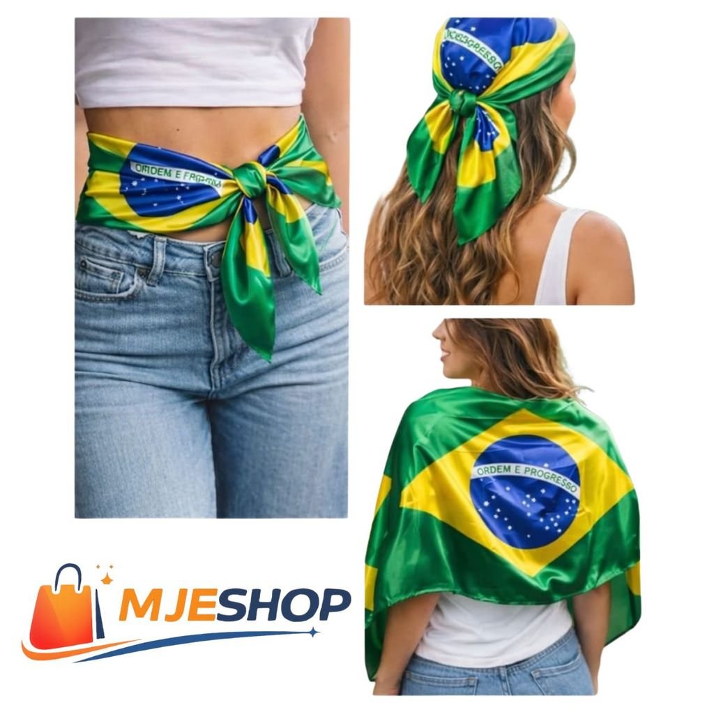 Lenço de Cetim 50x50cm e 90x90cm Look Fashion Feminino Multiuso Bandeira do Brasil Copa 2026 Hexa Bandana