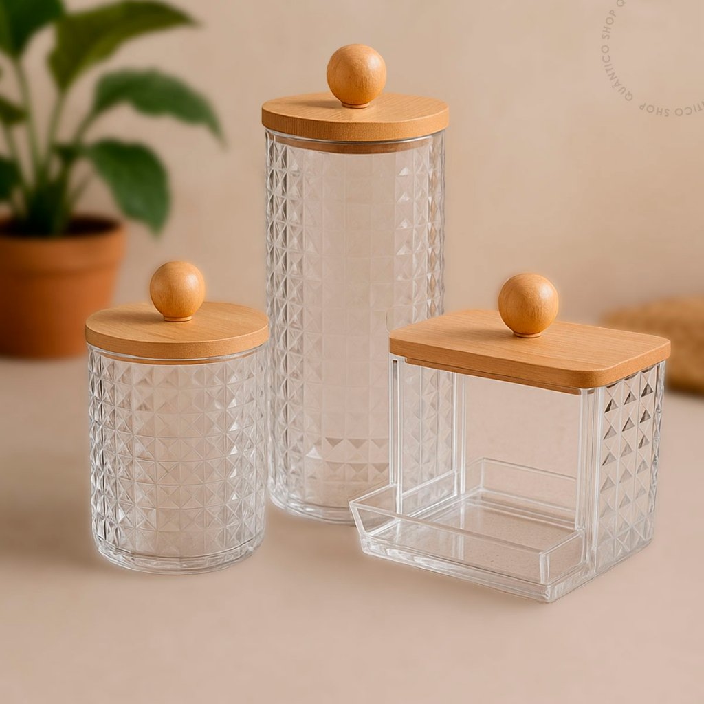 Organizador Tampa Bambu Porta Algodão ou Porta Cotonete Acrílico