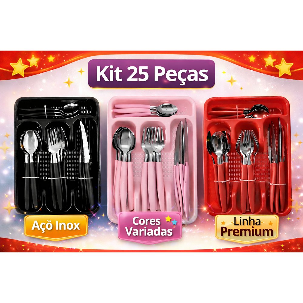 Kit Conjunto Talher Faqueiro com 25 Peças Aço Inox Cozinha Com Suporte Para Gaveta - Preto - Vermelho - Rosa