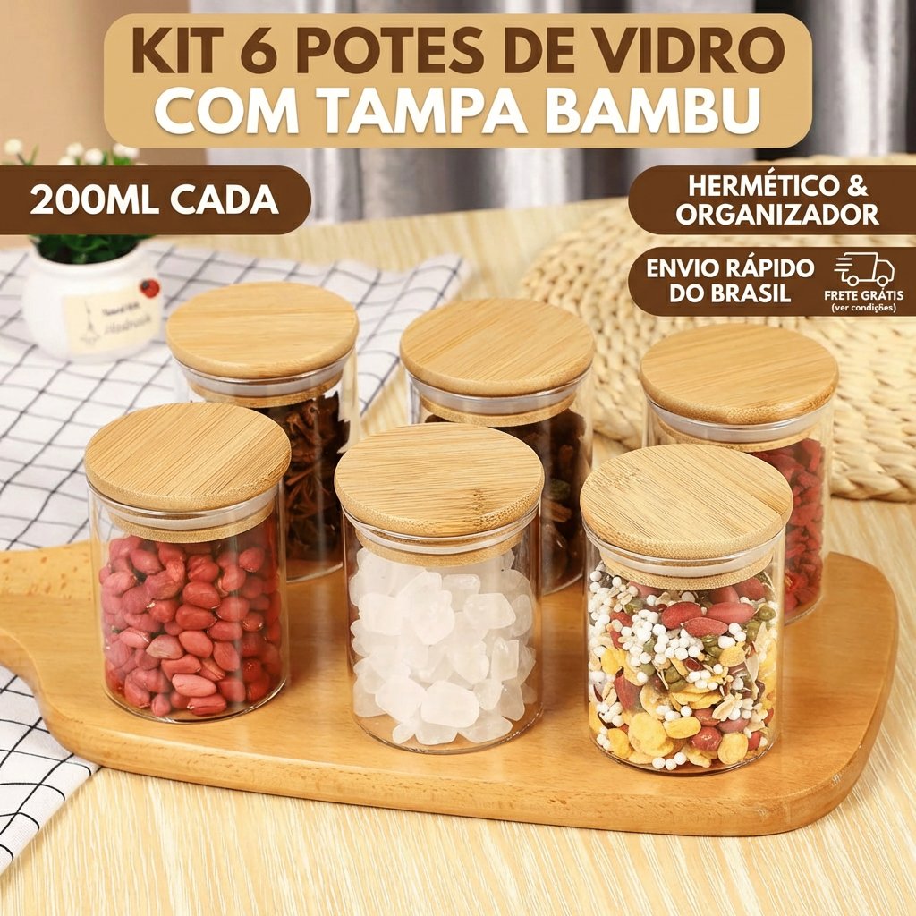 Kit 6 Potes de Vidro 200ml com Tampa Bambu Hermética - Porta Mantimentos Pequeno para Especiarias e Grãos