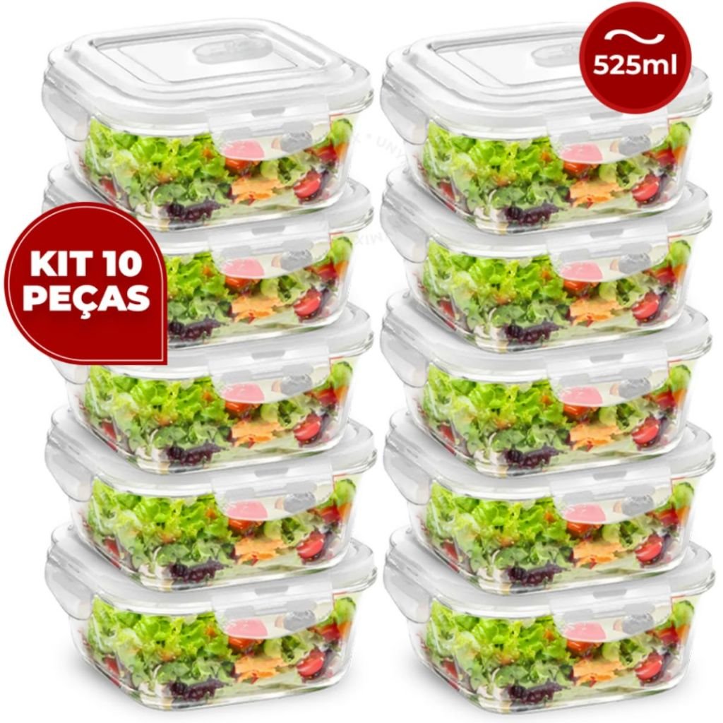 Kit 3, 5 e 10 Potes Hermético de Vidro 525ml C/ Válvula Ar Marmita Fit Tampa 4 Travas Freezer Geladeira
