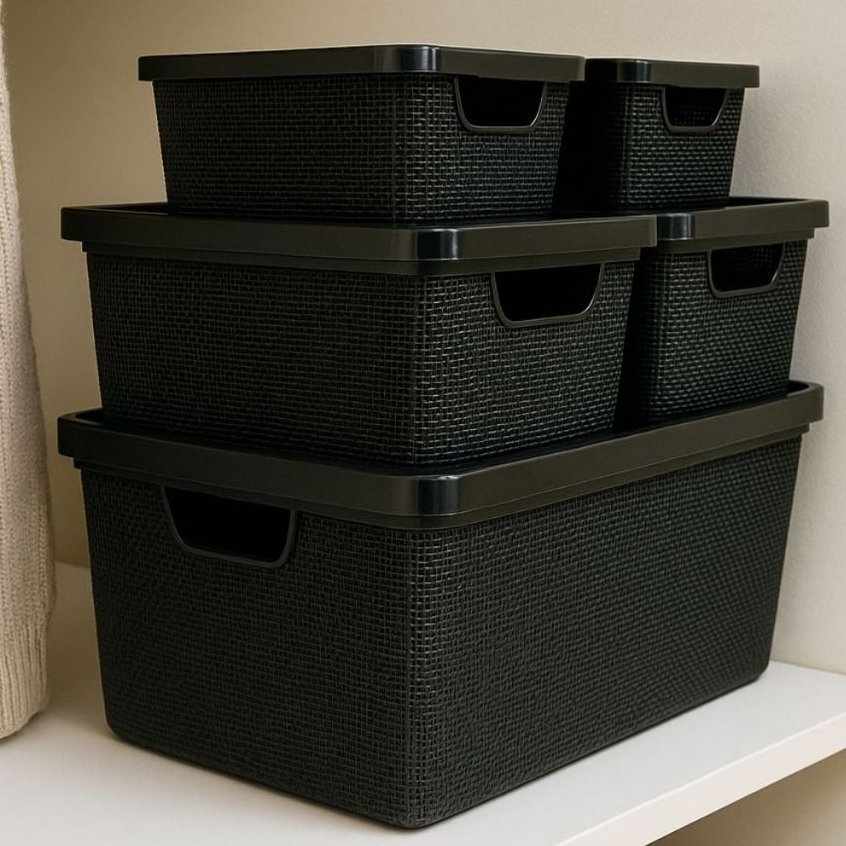 Kit Até 5 Caixas Organizadoras com Tampa Cesto Grande Plástico Resistente Multiuso Preto  2L 6L 16L