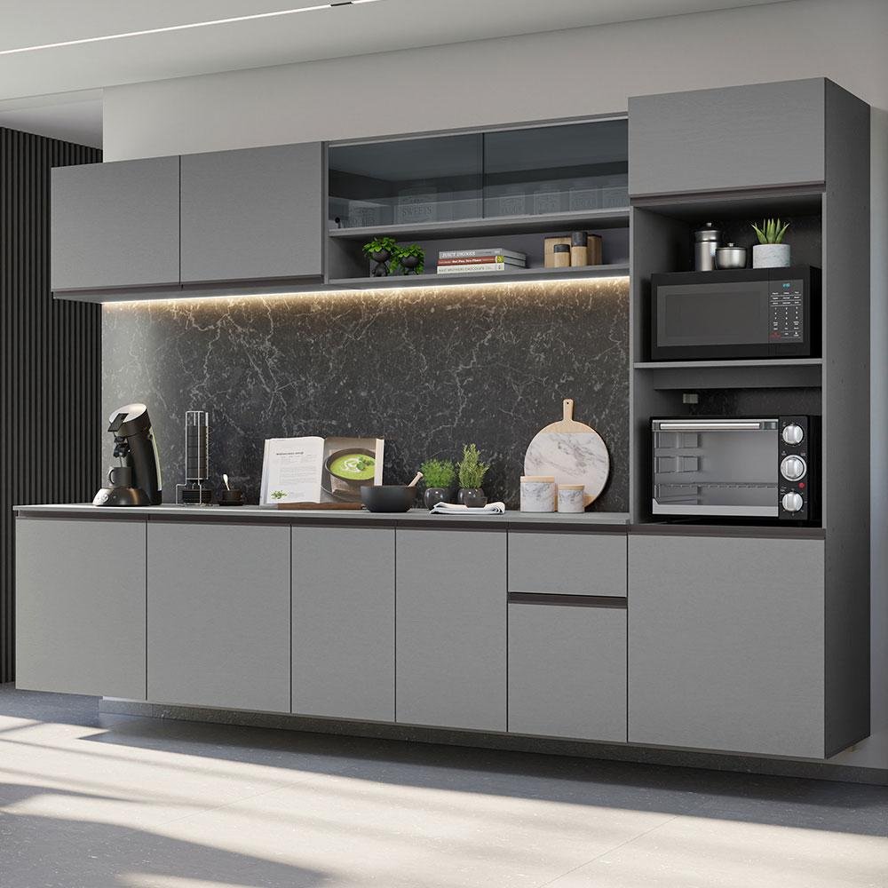 Armário de Cozinha Completa Suspenso 300cm Cinza Nice Madesa 03