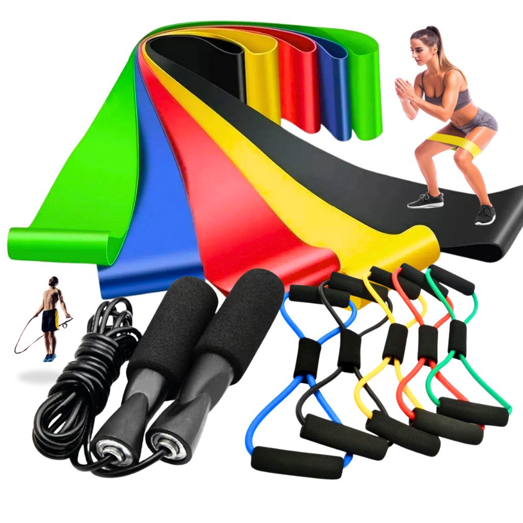 Kit Treine Em Casa Completo Elástico Extensor Cross Tube + Kit com 5 Faixa + Corda de Pular