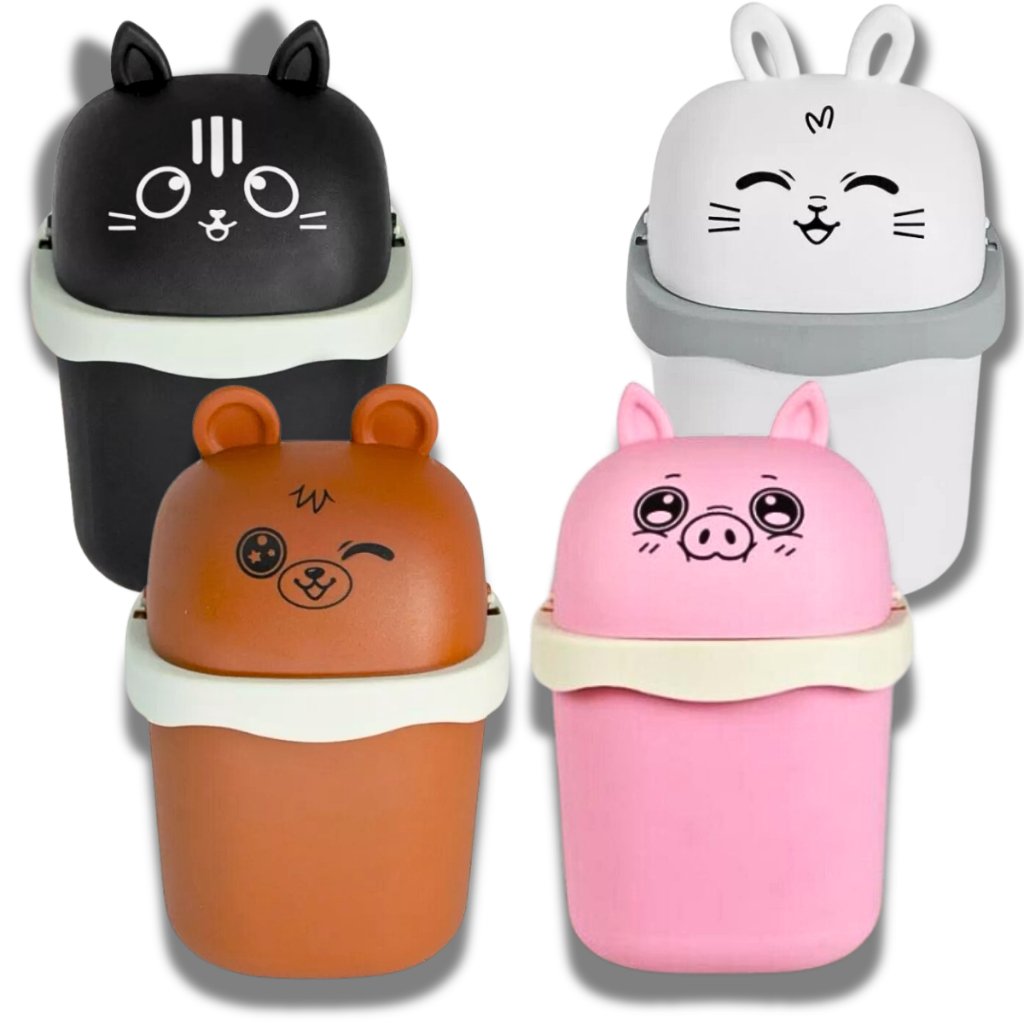 Lixeira Decorativa 1,5 Litros com Urso, Coelho e Gato - Ideal para Banheiros Pia e Escritórios
