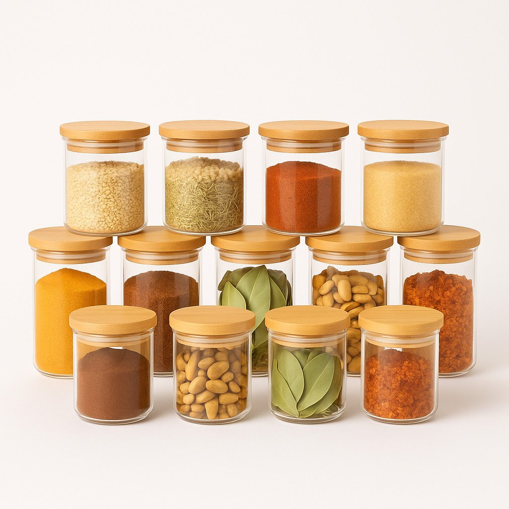 Kit 10 Potes de Vidro Herméticos 250ml Tampa Bambu Porta Temperos Mantimentos Grãos Multiuso