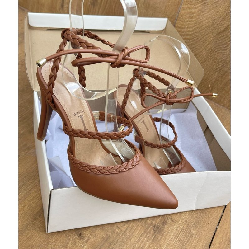 Sapato Feminino Scarpin Feminina Salto Alto com Amarração Trançada