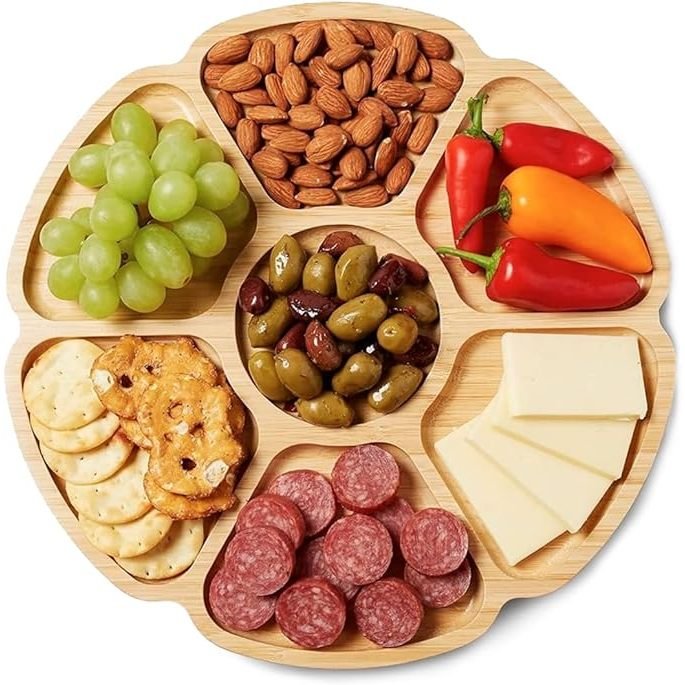 Petisqueira Redonda Flower com 7 Divisórias para Amendoim, Frios, Doces - 29cm - tipo Bambu MDF