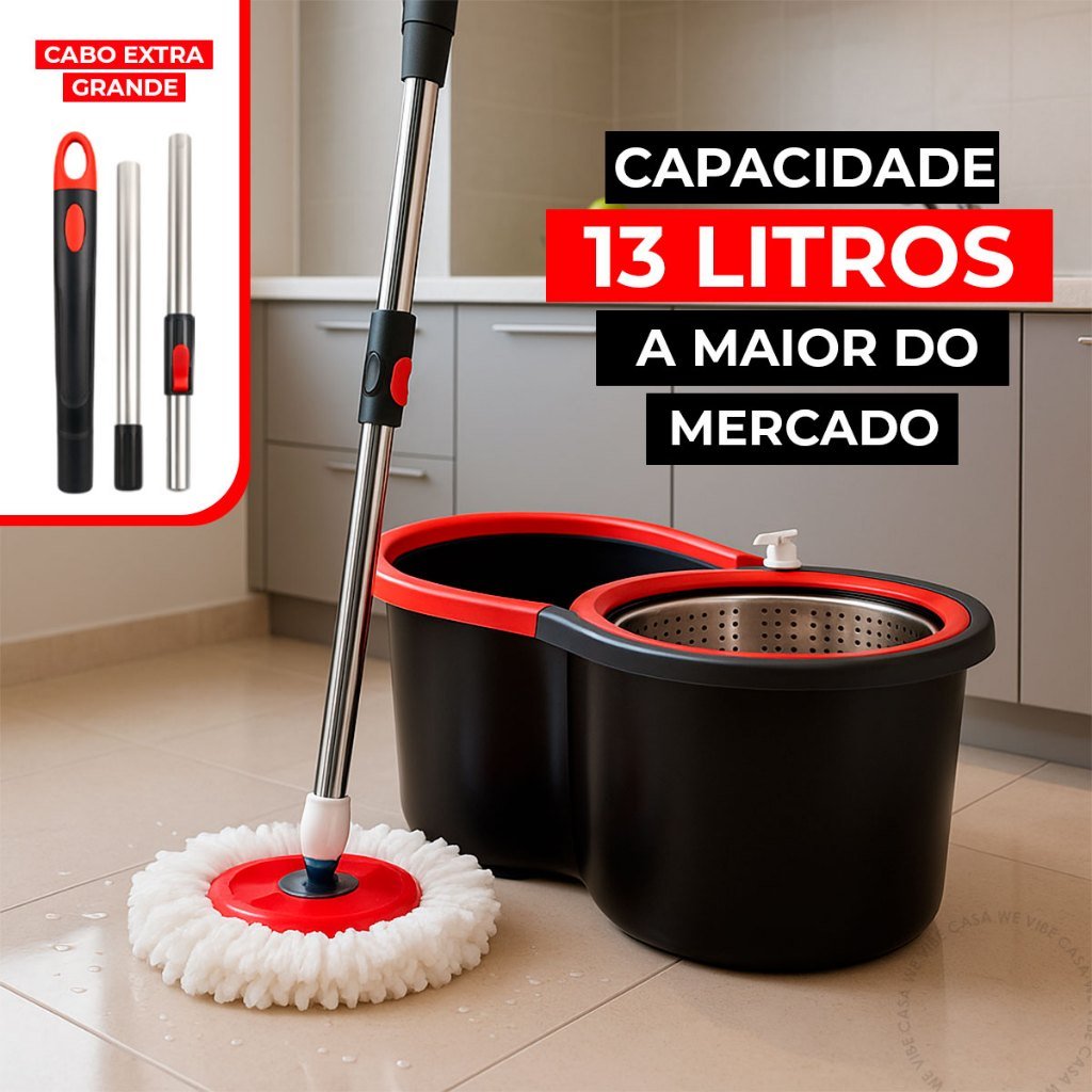 Mop Giratório Esfregão Cesto Inox Rodinhas Balde Centrifuga Cabo 140CM