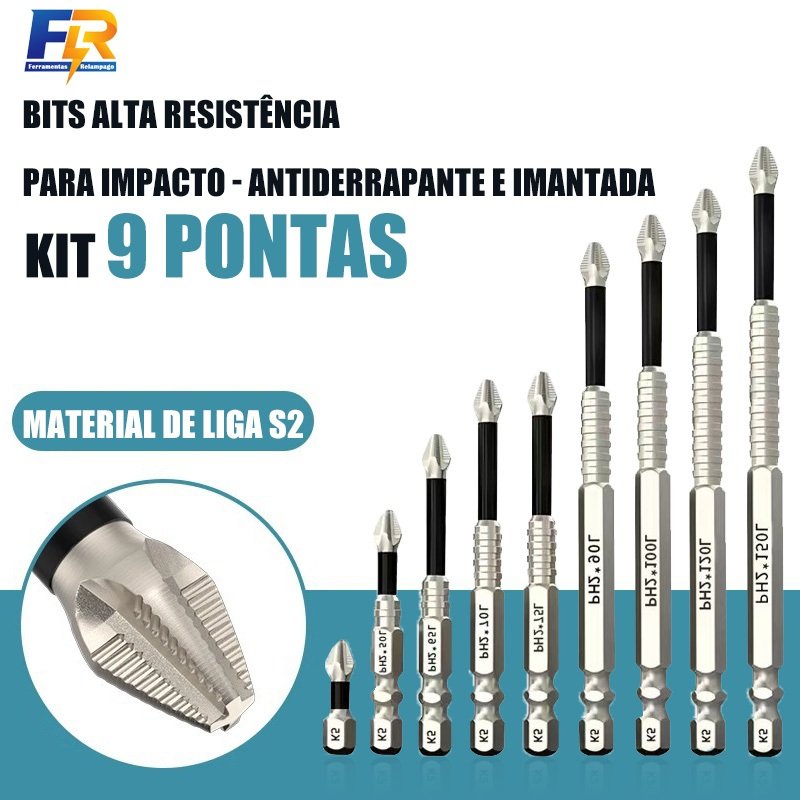 Kit 9 Pontas Philips PH2 para Impacto, Imantadas e Antiderrapantes Liga S2