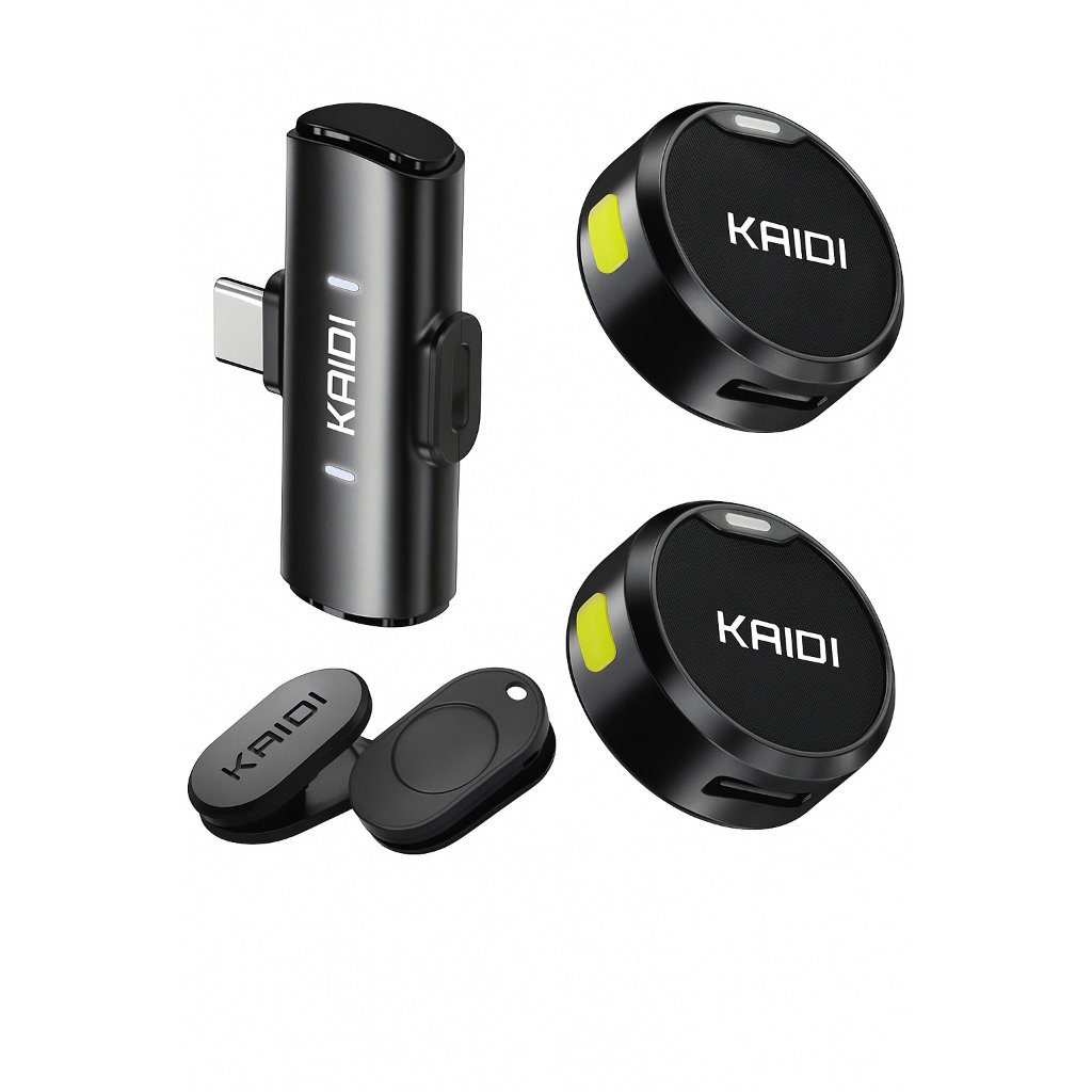 Microfone Lapela Sem Fio Duplo Kaidi Profissional Portátil Imã Redondo Anti Ruído Tipo C iPhone Gravação Celular