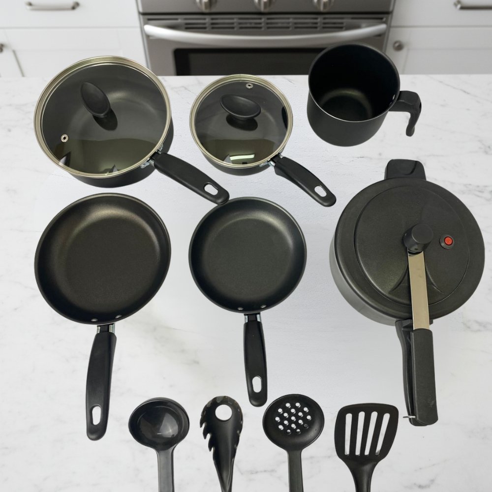 Jogo de Panelas 10 peças-Antiaderente com Panela de pressão+ Utensílios de cozinha - Preto e Cereja