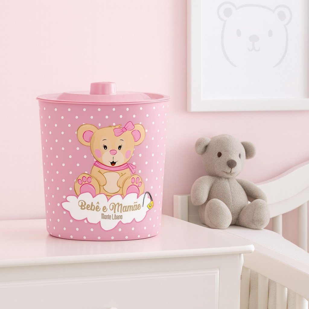 Lixeira Bebê Monte Líbano Redonda Com Tampa Ursinho 3L Rosa