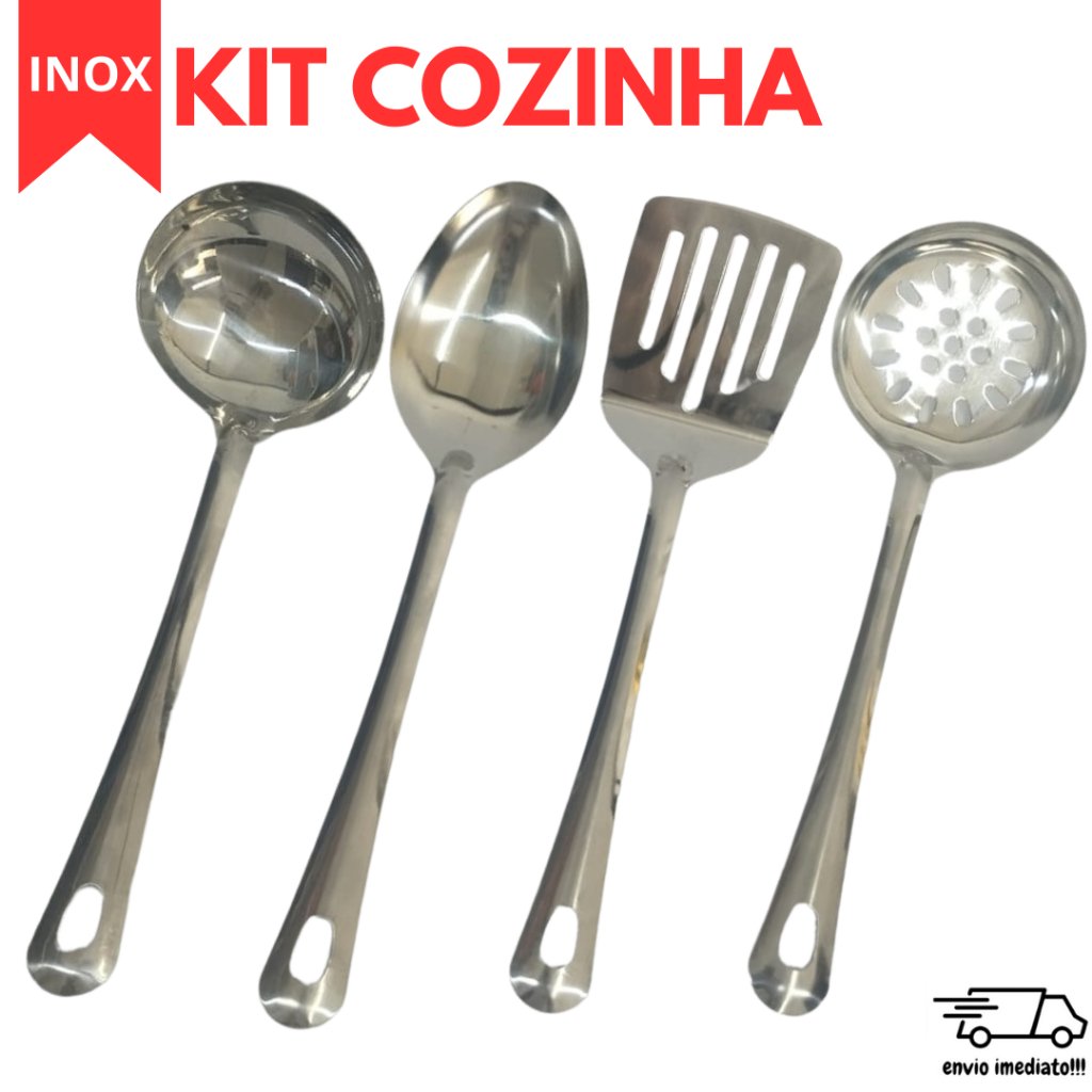 Utensilios para Cozinha INOX 4pçs - Espatula Escumadeira Colher de Arroz Concha Louça Comida Casa