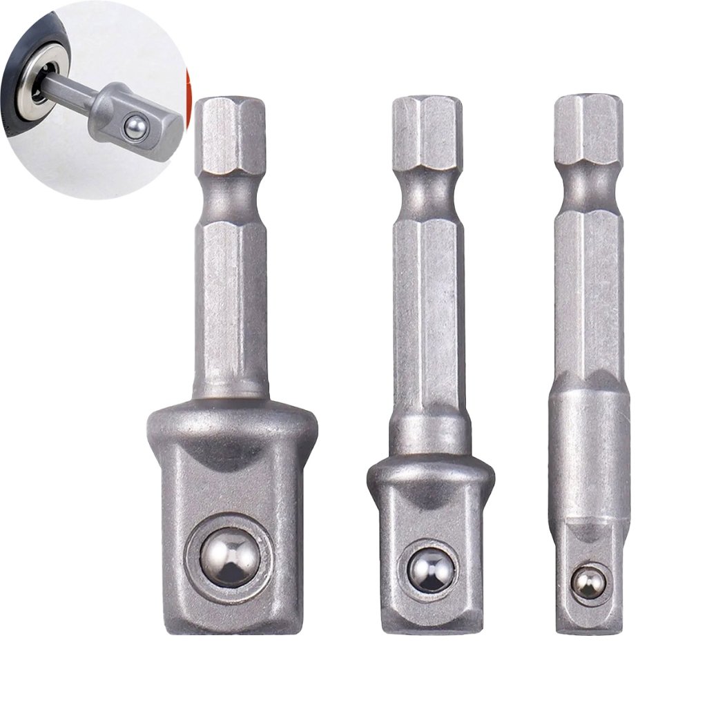 Jogo Kit 3 Adaptadores Soquete Para Parafusadeira Furadeira 1/4  3/8  1/2 Aço Resistente