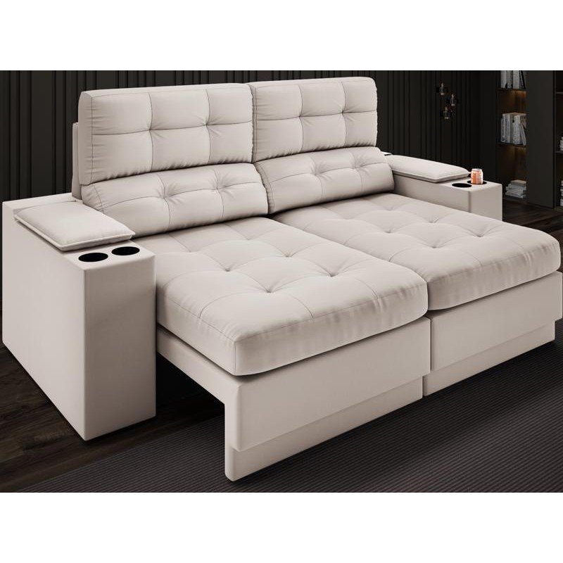 Sofá com Porta Copos e Carregador USB Eureka 1,70m Assento Retrátil e Reclinável Velosuede Areia - NETSOFAS