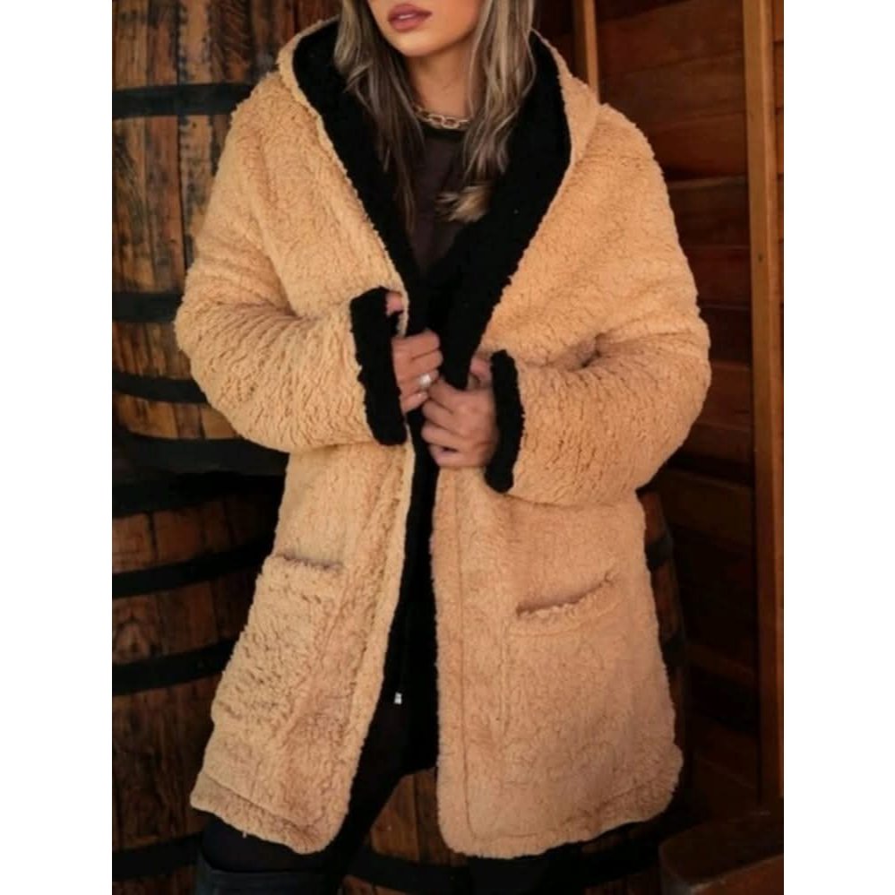 Casaco Teddy Feminino Dupla Face Inverno Sherpa Quentinho com Capuz Estilo Tumblr Casual Elegante