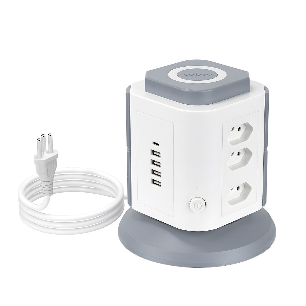 COIBEU Torre de Tomadas Branca 9+4+1 - 9 Tomadas + 4 USB + 1 Type-C Cabo 2m Proteção Contra Sobrecarga
