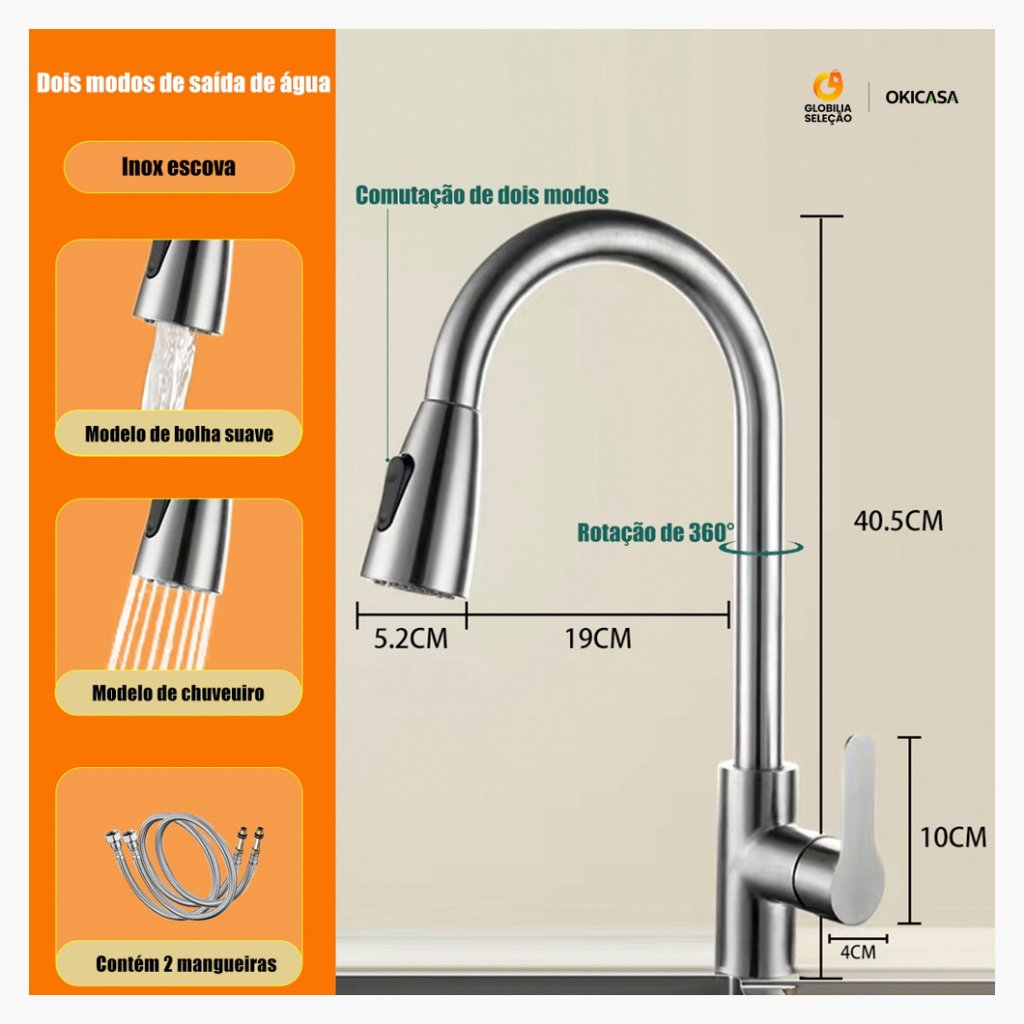 Torneira Gourmet de Cozinha Misturador Monocomando Com Extensor Articulável e Flexível Aço Inox KBH15820