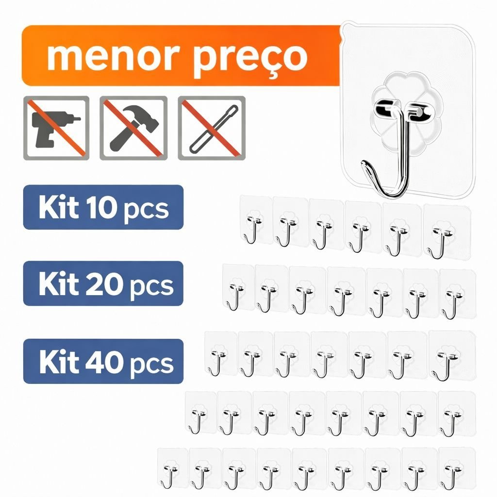 Kit 40/20/10 pçs Ganchos Adesivos Parede Multi Funcional Autocolante Casa Cozinha Quarto Banheiro Organizado