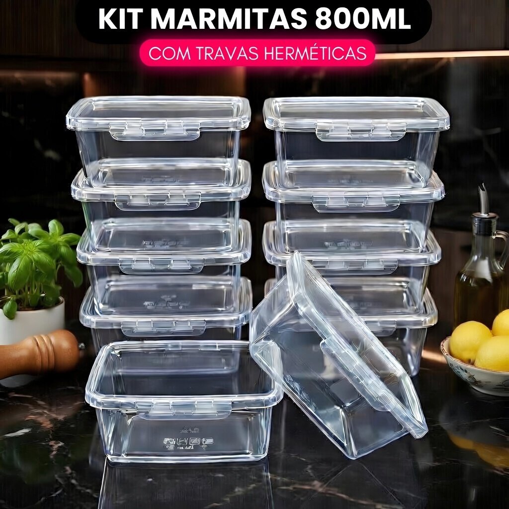 Kit 10 Potes Hermeticos com Trava 800ml Jogo de Marmitas