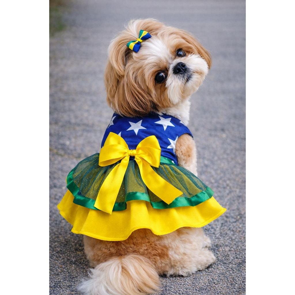 Roupa pet vestido copa  do mundo brasil para  cachorras e gatas ajustavel