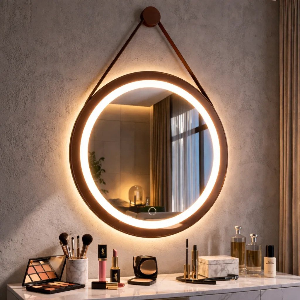 Espelho Adnet Com Touch e Led 3 Cores Jateado com borda em Couro Premium 40 a 60cm
