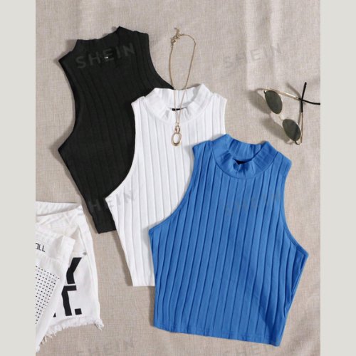 Kit 3 Cropped Gola Alta Canelado Sem Manga