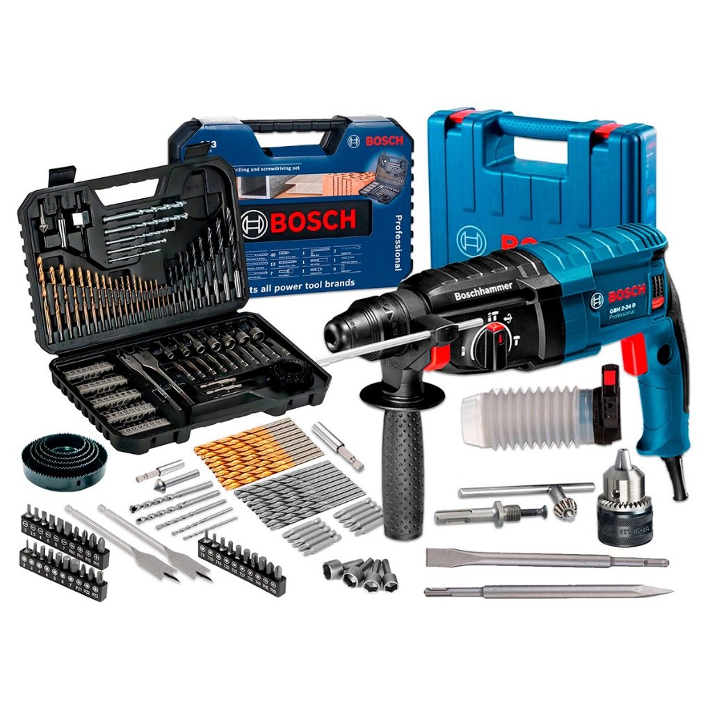 Kit Ferramentas Bosch Martelete Rompedor Rotativo GBH 2-24 D + Adaptador Mandril 1/2" 13mm + Maleta 103 Peças E Cinzeis