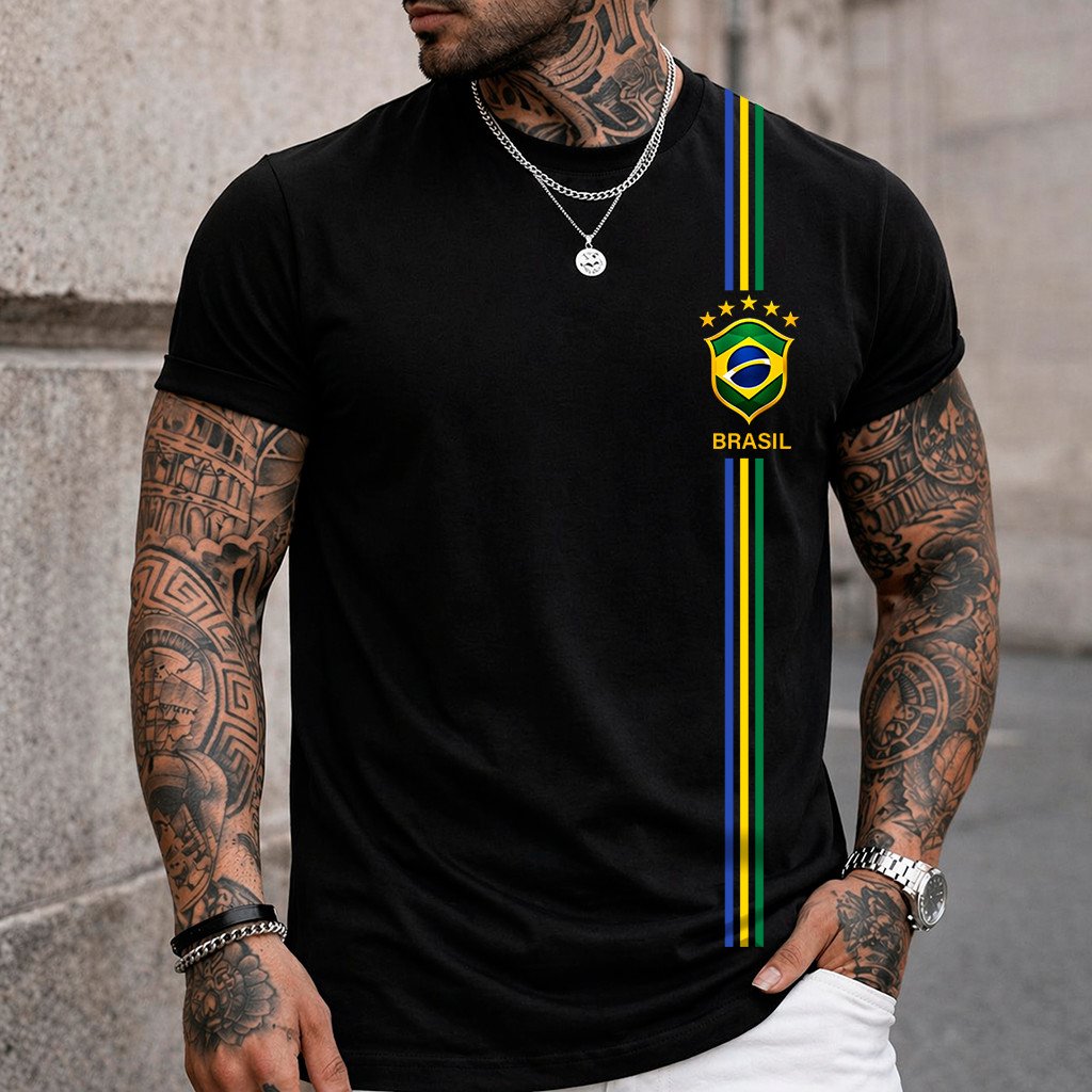 Camiseta Masculina Blusa Brasil 3 Listras T-shirt Verão Manga Curta Camisa Algodão Premium