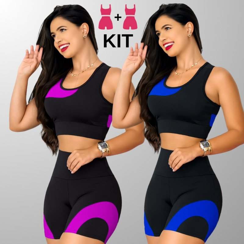 Kit 2 Conjuntos Academia Feminina – Top + Shot Cintura Alta e Modeladora