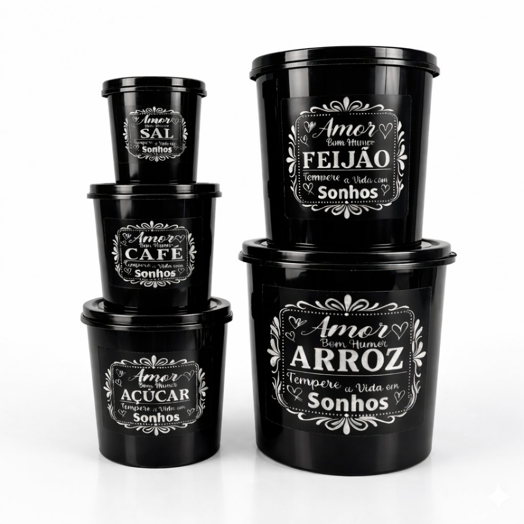 Kit 5 Potes Porta Mantimentos  Cada – Plástico Resistente – Arroz, Feijão, Açúcar, Café  para Cozinha