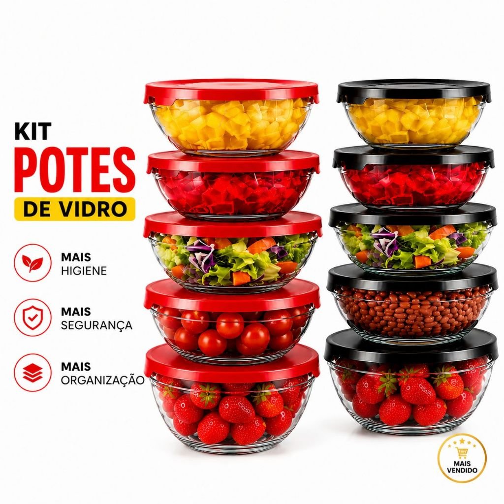 Kit Conjunto 5/10 Potes Tigela de vidro Bowl comTampa Resistente Organizador de Geladeira e Armazenamento Cozinha