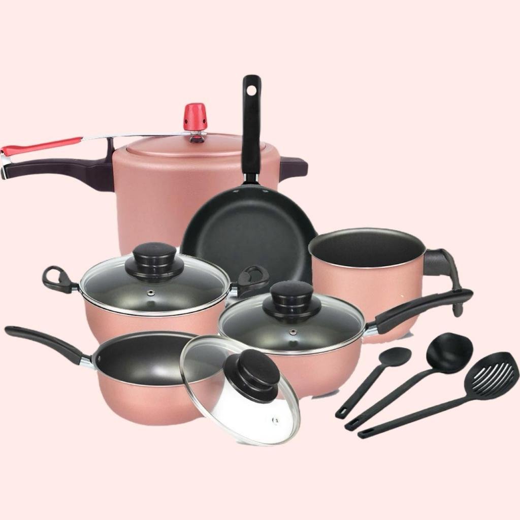 Jogo De Panelas Elegan 9 Peças Rosa Com Panela De Pressão 4,5 Litros antiaderente Dona chefa