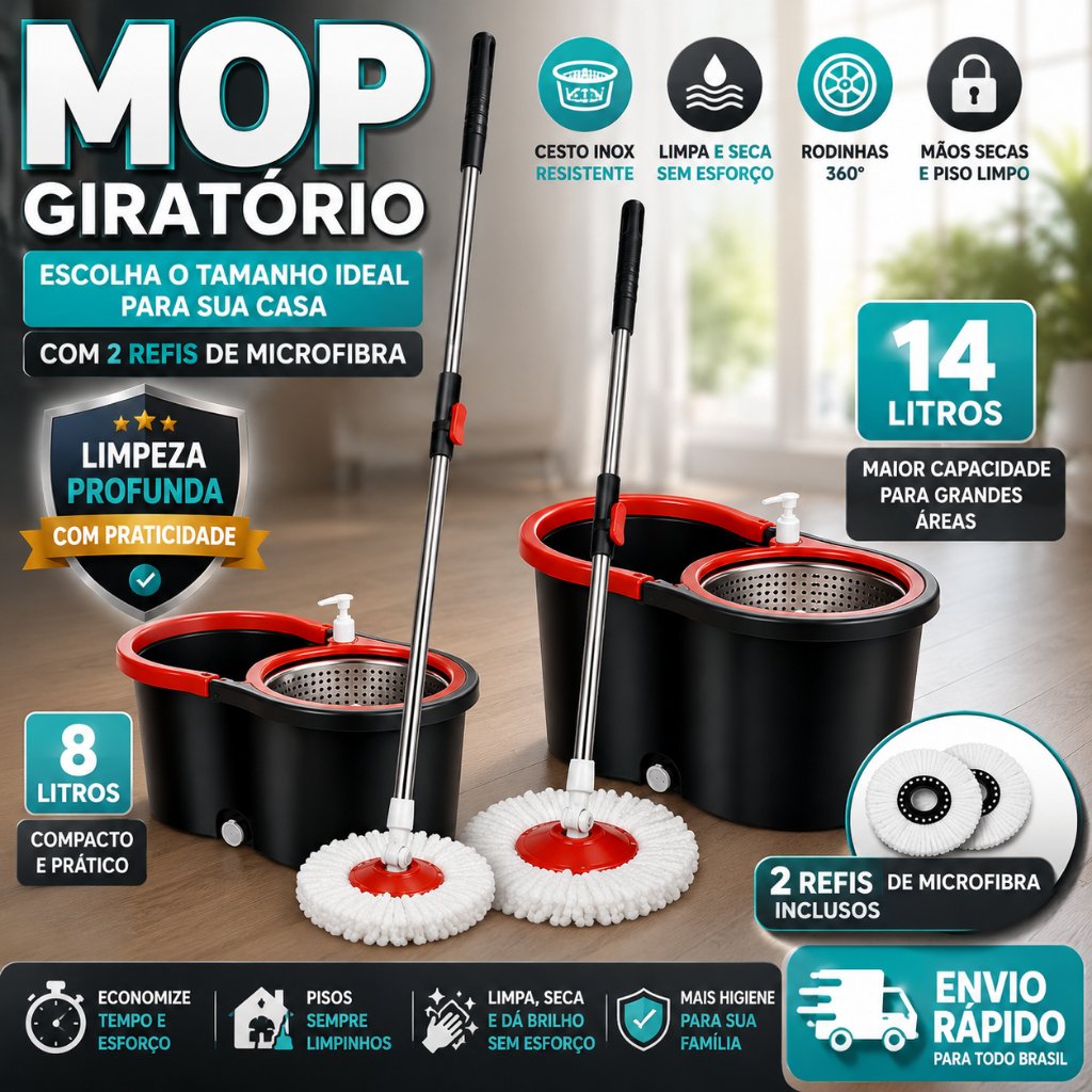 Mop C/ cabo de 140 cm + 2 Refis - Rodinhas e Cesto Em Inox - Balde Centrífuga - CH