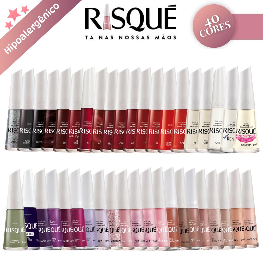 RISQUÉ KIT 40 ESMALTES DIFERENTES SORTIDOS HIPOALERGENICOS ATACADO