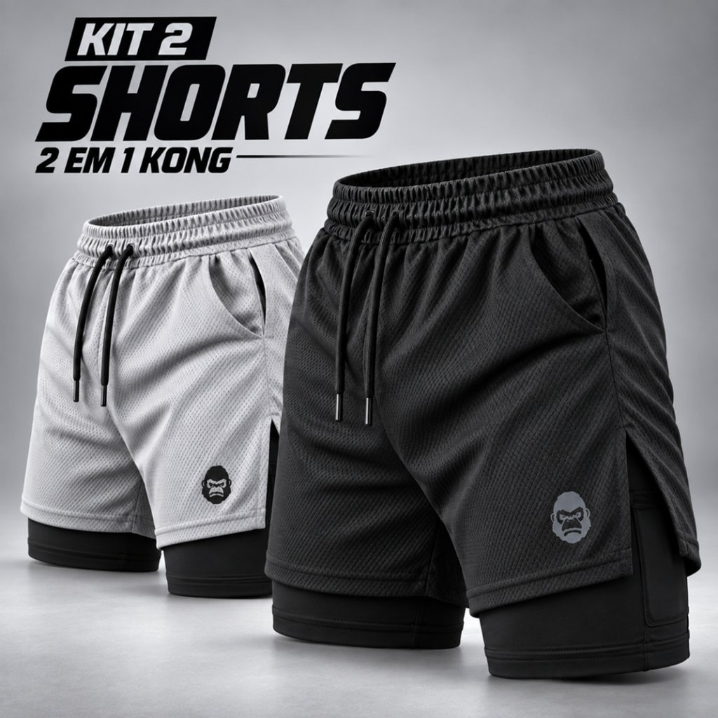 Kit 2 Shorts Masculino Kong 2 em 1 com Compressão, Bolso para Celular e Tecido Dry Fit