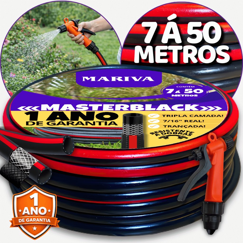Kit Completo Mangueira de Jardim Preta 7m á 50m 7/16"  - Com Gatilho e União - Reforçada Trançada