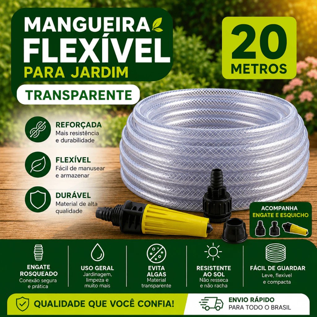 Mangueira de jardim reforçada trançada 20 metros transparente cristal flexível com engate e esguicho durável 3/8